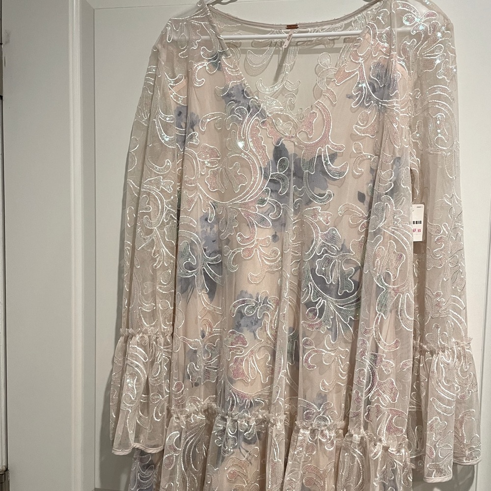 Free People Falling Flowers Frock Mini Dress in Ivory Sequins Women’s Size S
